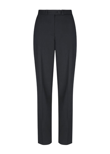 A pair of black trousers with a straight-leg cut and a fitted waistband, featuring belt loops and a button closure.