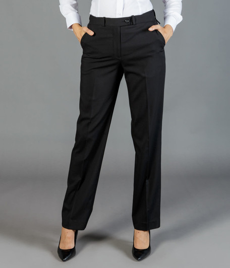 Black slacks with a straight fit and pockets, styled with a white shirt and black heels. Features a logo.