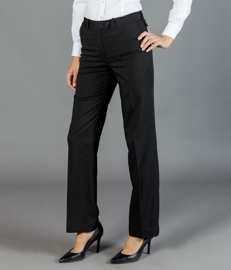 Black utility pants displayed on a model, paired with high heels, showcasing a tailored fit and versatile style.