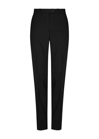 A pair of black slim leg slacks with a button closure and a waistband, featuring a logo.