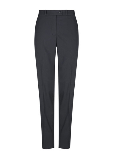 A pair of slim leg slacks in dark grey featuring a flat front and belt loops, with a logo on the waistband.