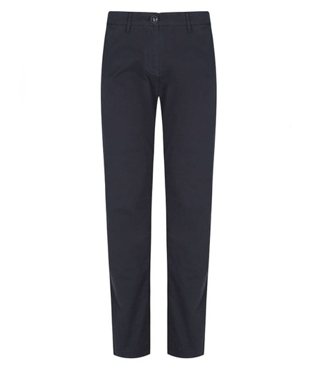 A pair of black chinos with a button and logo on the waistband, featuring straight legs and pockets.