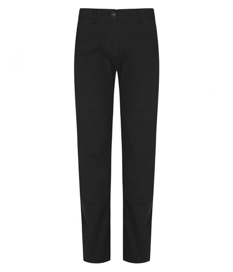 A pair of black chinos with a fitted design and front pockets, featuring a branding logo.