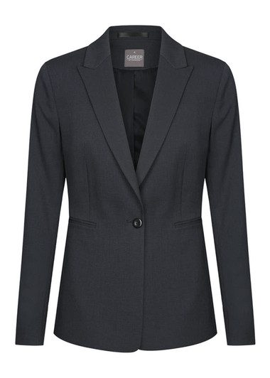 A dark grey blazer with a single button closure and a lapel collar, featuring a logo inside.