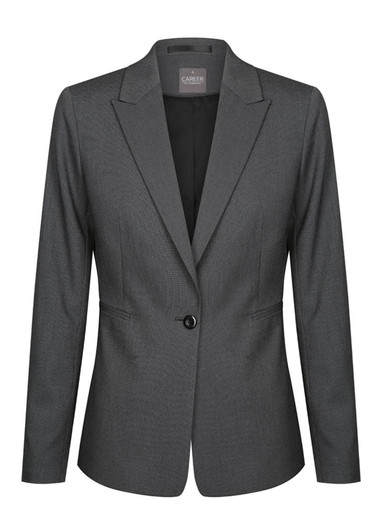 A grey blazer with a single button closure and a slim fit design. Features a logo on the inside label.