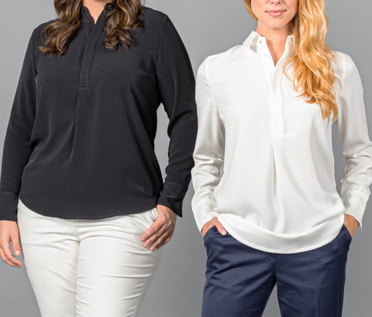 A black and a white Quinn 1/2 Placket shirt on models, featuring a collar and a relaxed fit. Both have logos.