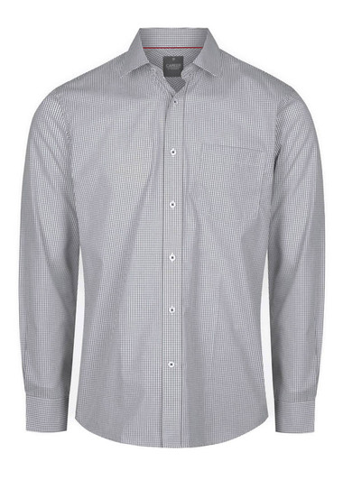 A button-up shirt featuring a check pattern in grey and white, with long sleeves and a chest pocket.