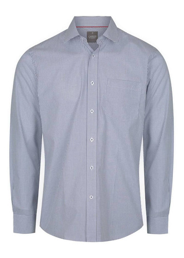 A button-up shirt featuring a blue and white check pattern with long sleeves and a chest pocket.