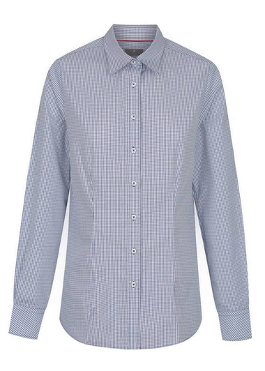 A button-up shirt featuring a blue and white check pattern, with long sleeves and a collar. It has a logo on it.