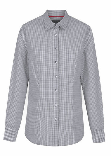 A button-up shirt in black and white check pattern with a classic collar and long sleeves. Features a logo.