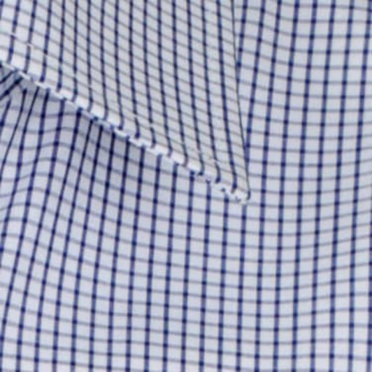 A check-patterned button-up shirt featuring navy blue and white colours. It has a classic collar design and visible stitching.