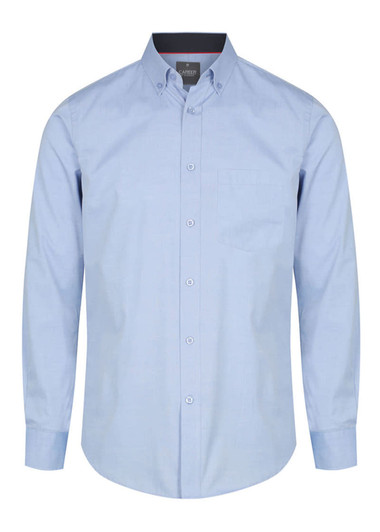 A light blue button-up shirt with long sleeves and a single chest pocket. It features a collar and has a logo.