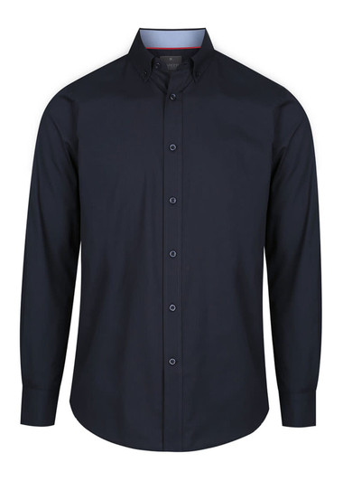 A dark navy button-up shirt with long sleeves and a collar, featuring a subtle texture and a logo.