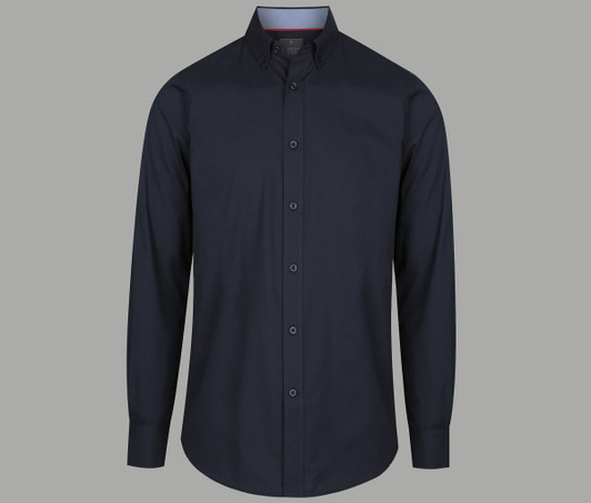 A button-up shirt in dark blue with a collar and long sleeves, featuring a subtle branding logo.