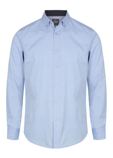 A light blue button-up shirt with a collar and long sleeves, featuring a branding logo.