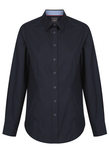 A button-up shirt in dark navy with a collar and long sleeves, featuring a logo on the label.
