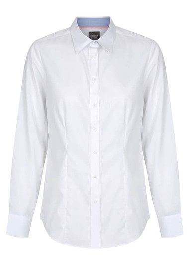 A white button-up shirt with a collar and long sleeves, featuring a branding label.