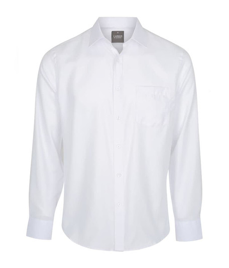 A white button-up shirt featuring long sleeves and a chest pocket, with a logo on the collar.