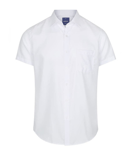 A short-sleeved button-up shirt in crisp white, featuring a single chest pocket and a branded collar.