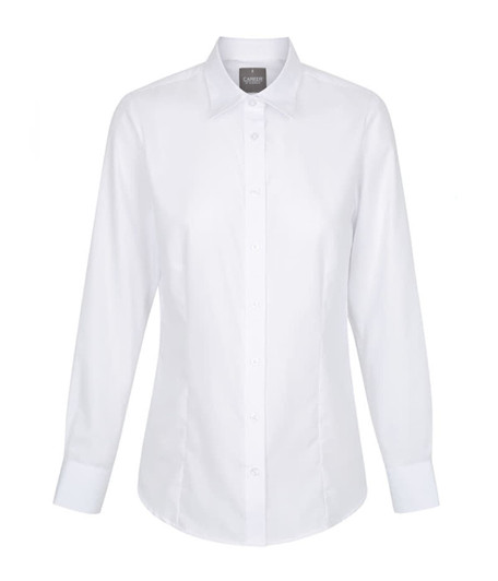 A button-up shirt in crisp white, featuring a classic collar and long sleeves, with a logo on the label.