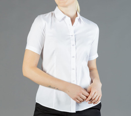 A short-sleeved button-up shirt in white with a fitted design and a collar, featuring a logo.