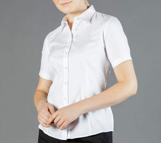 A button-up shirt in white with short sleeves, featuring a collar and a logo.