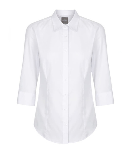 A white shirt with three-quarter sleeves and a collared neckline, featuring a button-up front and a small logo.