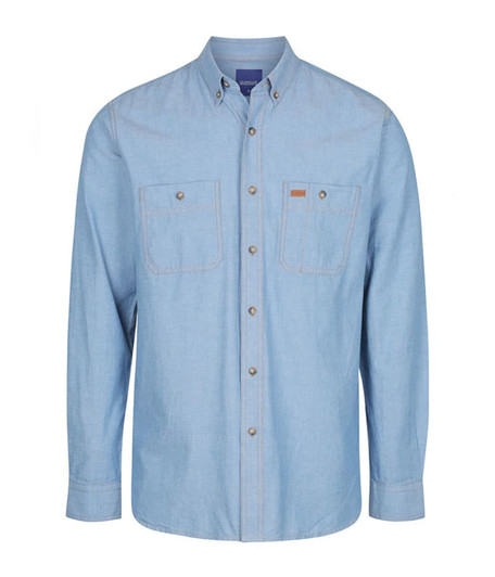 A light blue button-up work shirt featuring two chest pockets and a logo on the side.