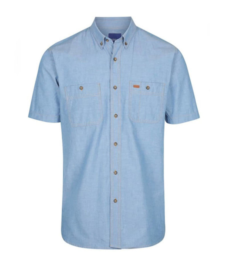 A short-sleeved, light blue work shirt with two chest pockets and a logo. Buttoned front and collar design.