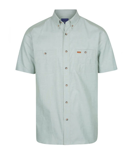 A light green, short-sleeved work shirt features button details and a logo. Two chest pockets are included.