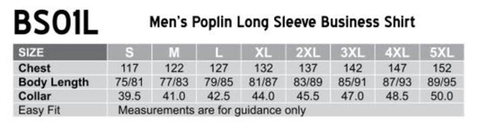 A table displaying size measurements for a Men's Poplin Long Sleeve Business Shirt, including chest and body length.