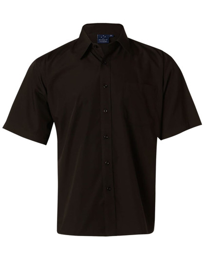 A black short sleeve button-up business shirt with a pocket and a collar, featuring a logo.