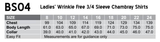 A chart displaying sizing information for ladies' wrinkle-free 3/4 sleeve chambray shirts in various sizes.