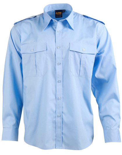 A light blue button-up shirt with epaulettes, featuring two front pockets and a logo on the collar.