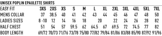 A chart displaying sizing information for the Unisex Poplin Epaulette Short Sleeve Shirt in various sizes.