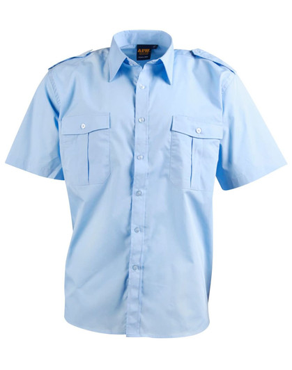 A light blue short sleeve button-up shirt featuring two chest pockets and epaulettes. It includes a logo.