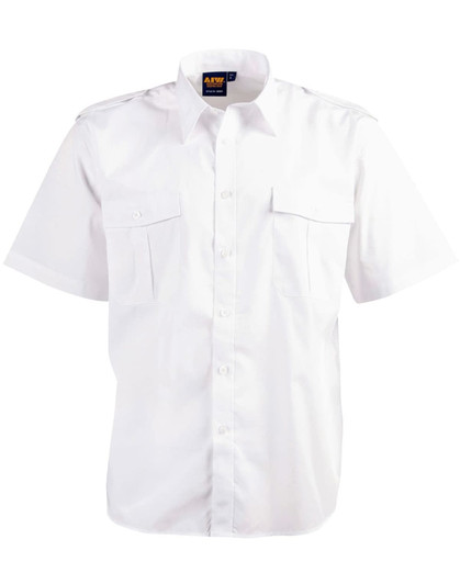 A white button-up short sleeve shirt with two front pockets and epaulettes, featuring a brand logo on the collar.