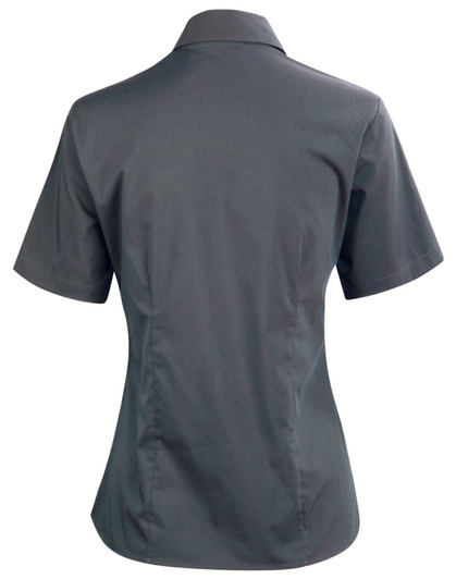 A dark grey short sleeve button-up shirt with a fitted design and a collar, featuring a logo.