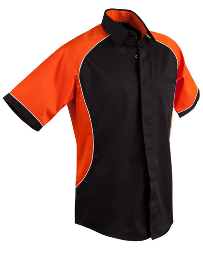 A black button-up shirt with orange contrast sleeves and white piping. It features a logo on the chest.