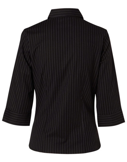 A black and white striped ladies' pin long sleeve button-up shirt with three-quarter sleeves and a collar.