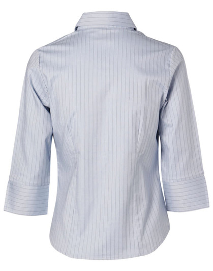 A light blue, striped, ladies' 3/4 sleeve stretch button-up shirt with a collar and rolled sleeves.