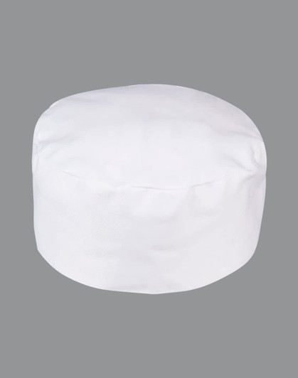 A white chef's cap with a structured design, featuring a branding logo. The background is grey.