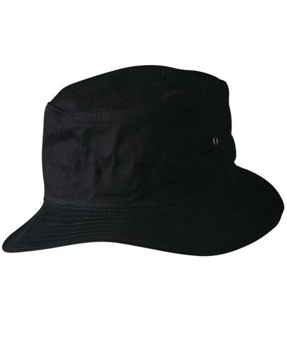 A black soft washed bucket hat featuring a branded logo on the side, with a wide brim for sun protection.