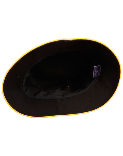 A black bucket hat with a yellow contrast trim, featuring an interior lining and a logo.