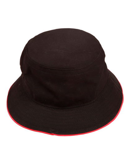 A black bucket hat with contrast red trim and a logo on the side.