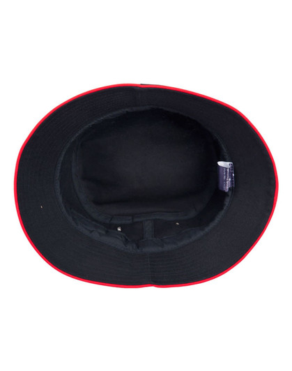 A black bucket hat with a red contrast brim and interior. The hat features a label inside.