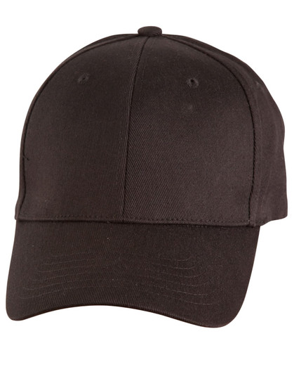 A black cotton fitted cap with a curved brim and tonal logo. Ideal for casual wear or promotional events.