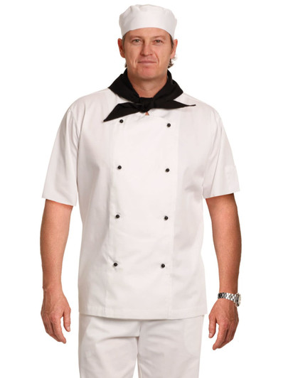 A short sleeve white chef's jacket with black buttons and a black neck scarf, worn by a male model.