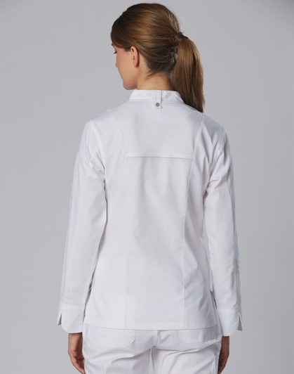 A white ladies' chef jacket with a fitted design, viewed from the back, featuring a small logo on the shoulder.