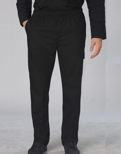 Black men's functional chef pants with an elastic waistband and side pockets, featuring a logo on the fabric.
